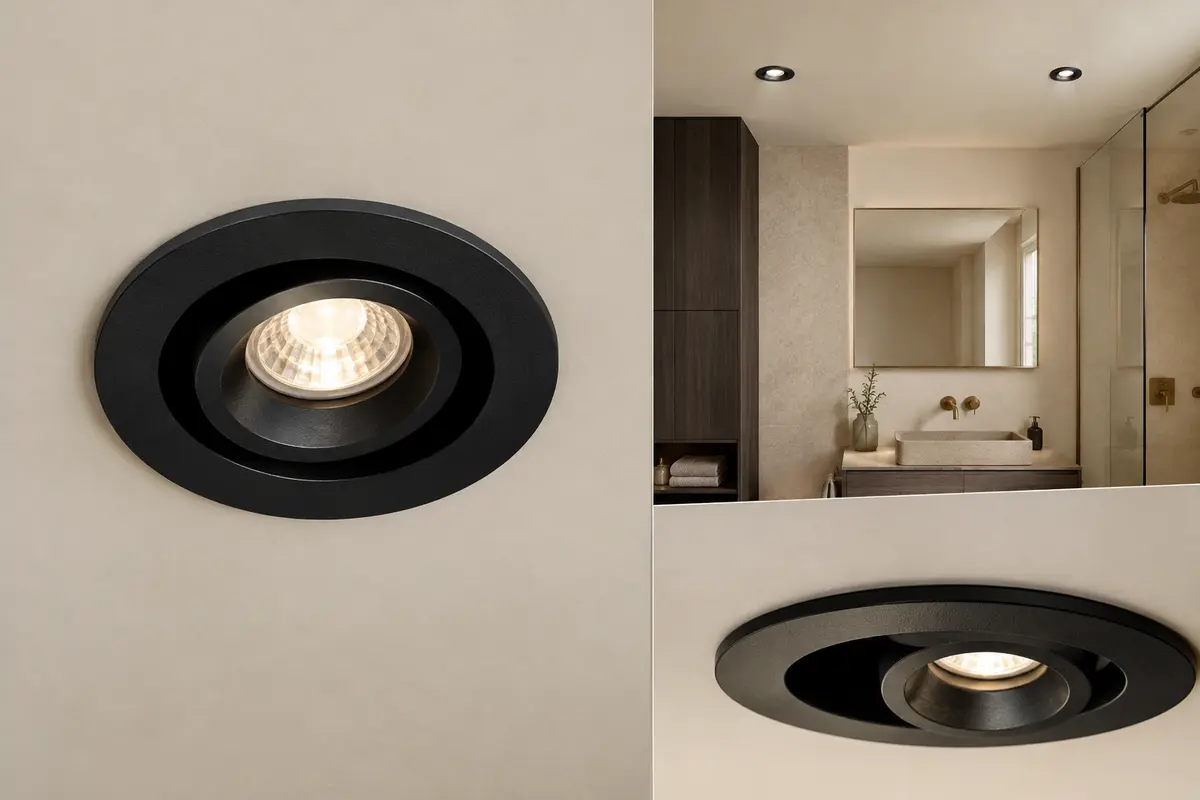 Spot LED encastrable noir en aluminium installé dans un plafond ivoire de salle de bain