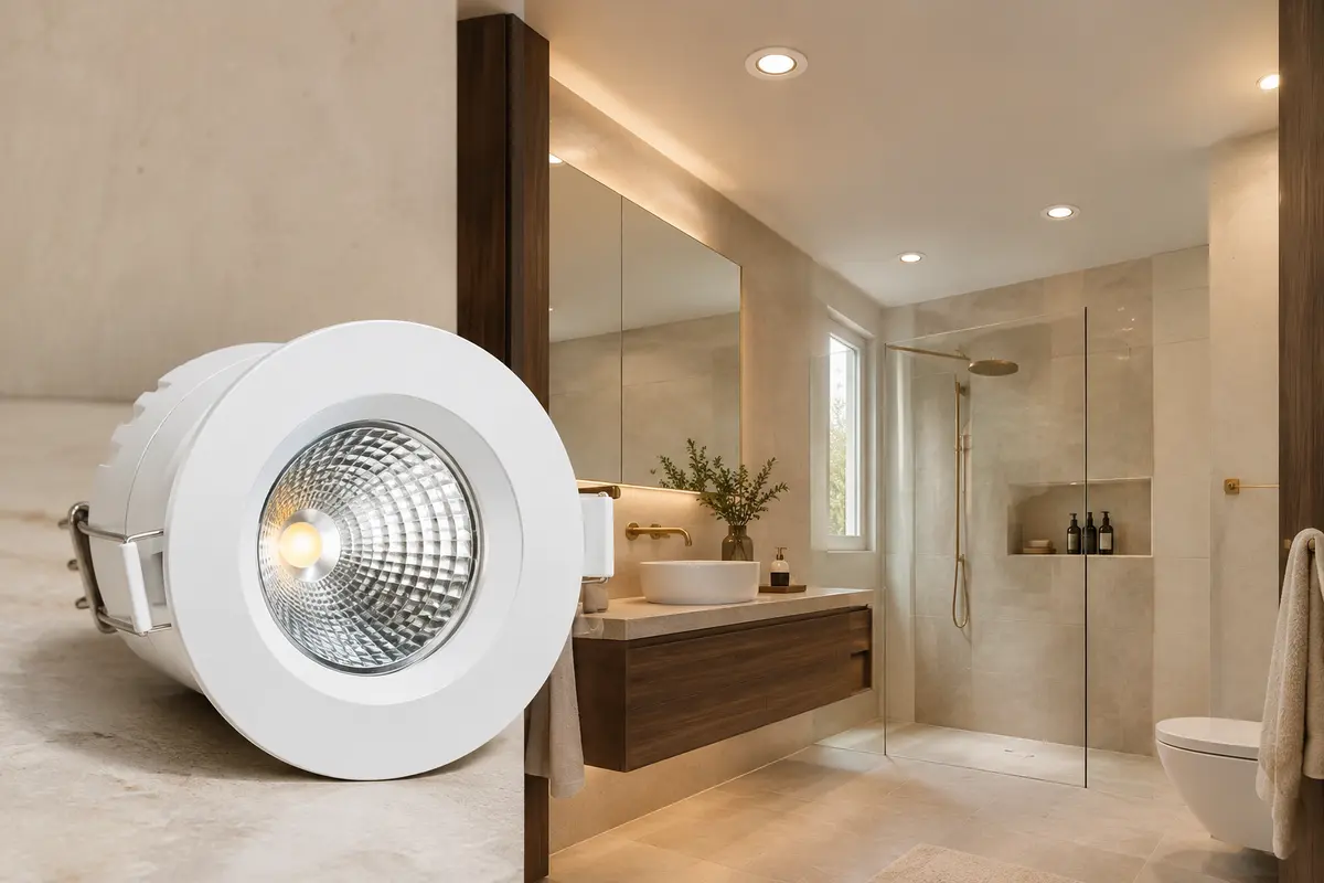 Spot LED encastrable blanc à réflecteur, posé dans un plafond de salle de bains aux tons clairs.