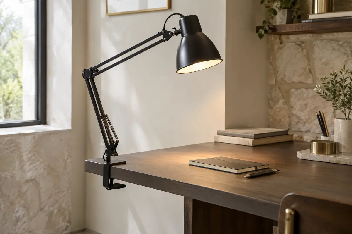 Lampe de bureau en métal noir fixée au bord d’un bureau, avec bras articulé et tête pivotante.