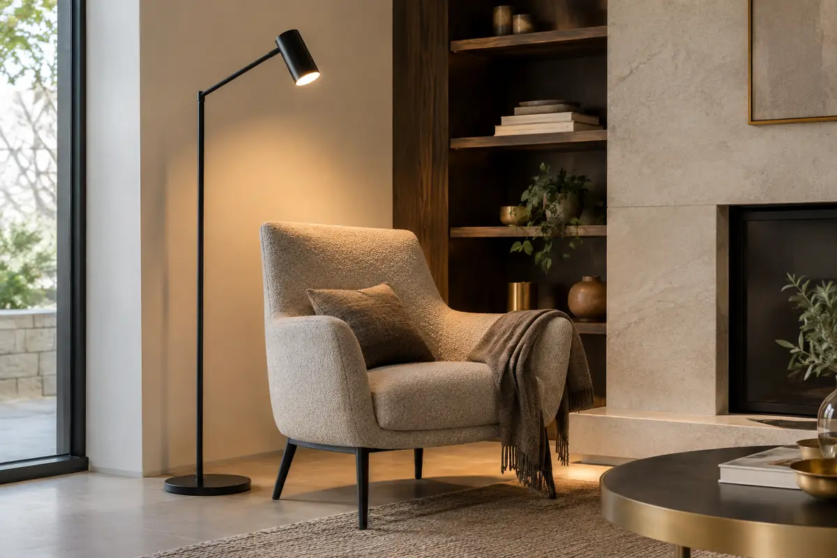 Lampadaire noir Briloner à partie lumineuse orientable, placé près d’un fauteuil dans un intérieur calme.
