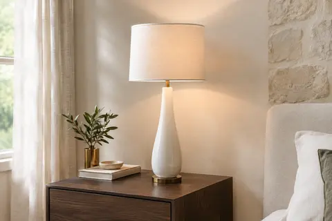 Lampe de table blanche à pied en céramique et abat-jour en tissu, posée sur une table de chevet.