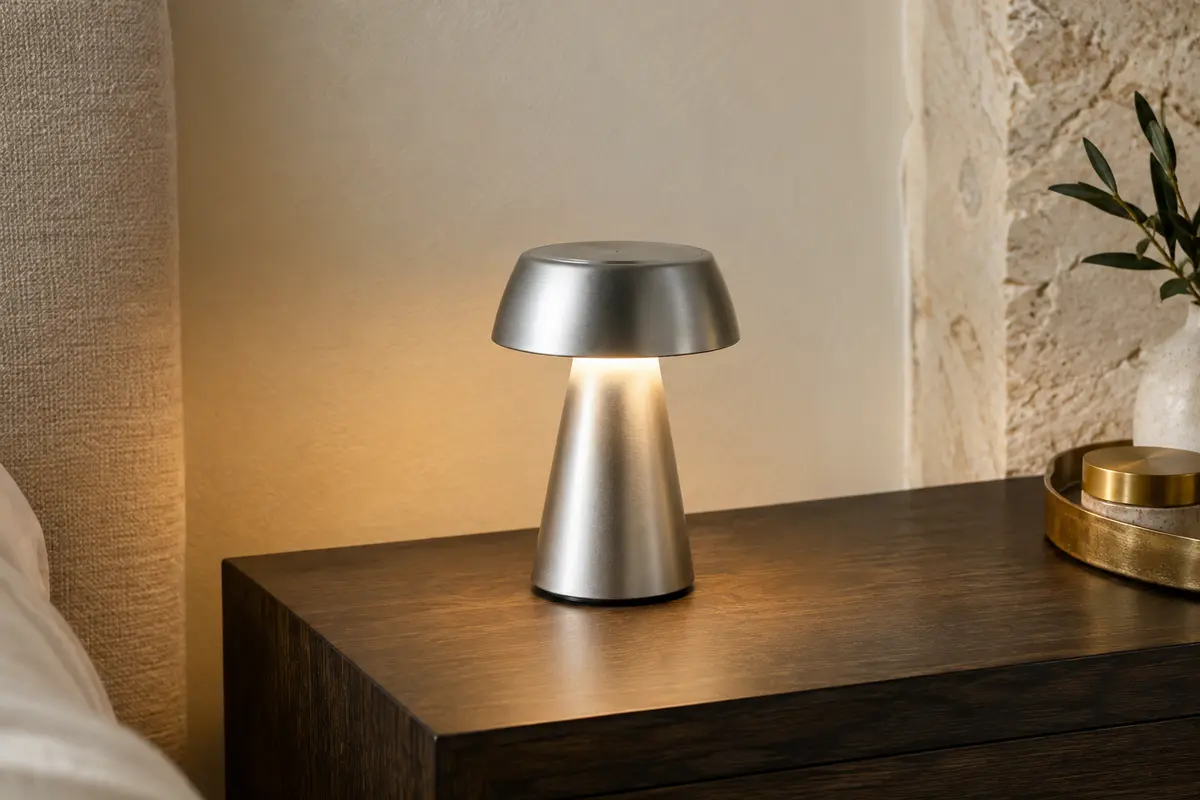 Mini lampe de table LED à finition chrome mat posée sur une table de chevet et allumée en blanc chaud.