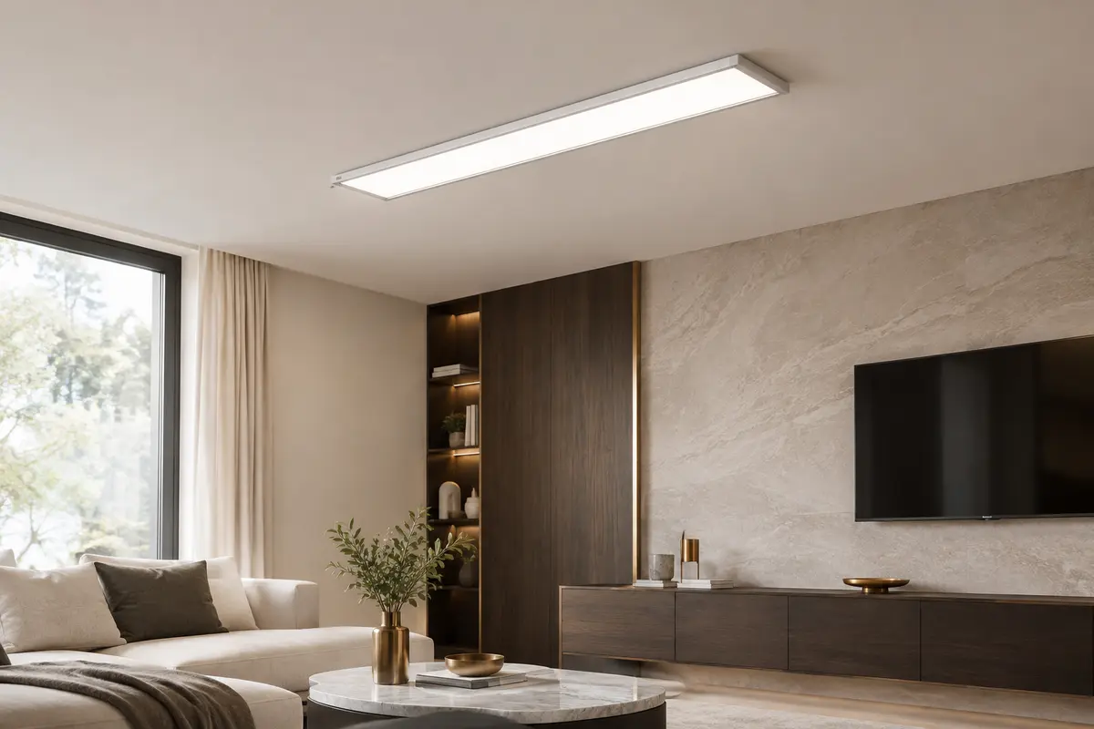 Panneau LED rectangulaire blanc installé au plafond d’un salon aux murs ivoire et au bois fumé.