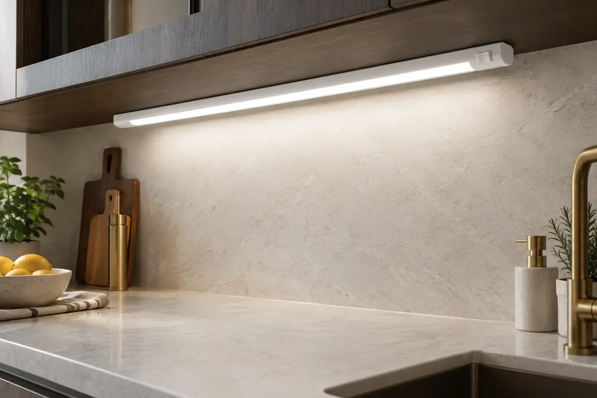 Réglette LED blanche installée sous un meuble de cuisine, éclairant un plan de travail en pierre claire.