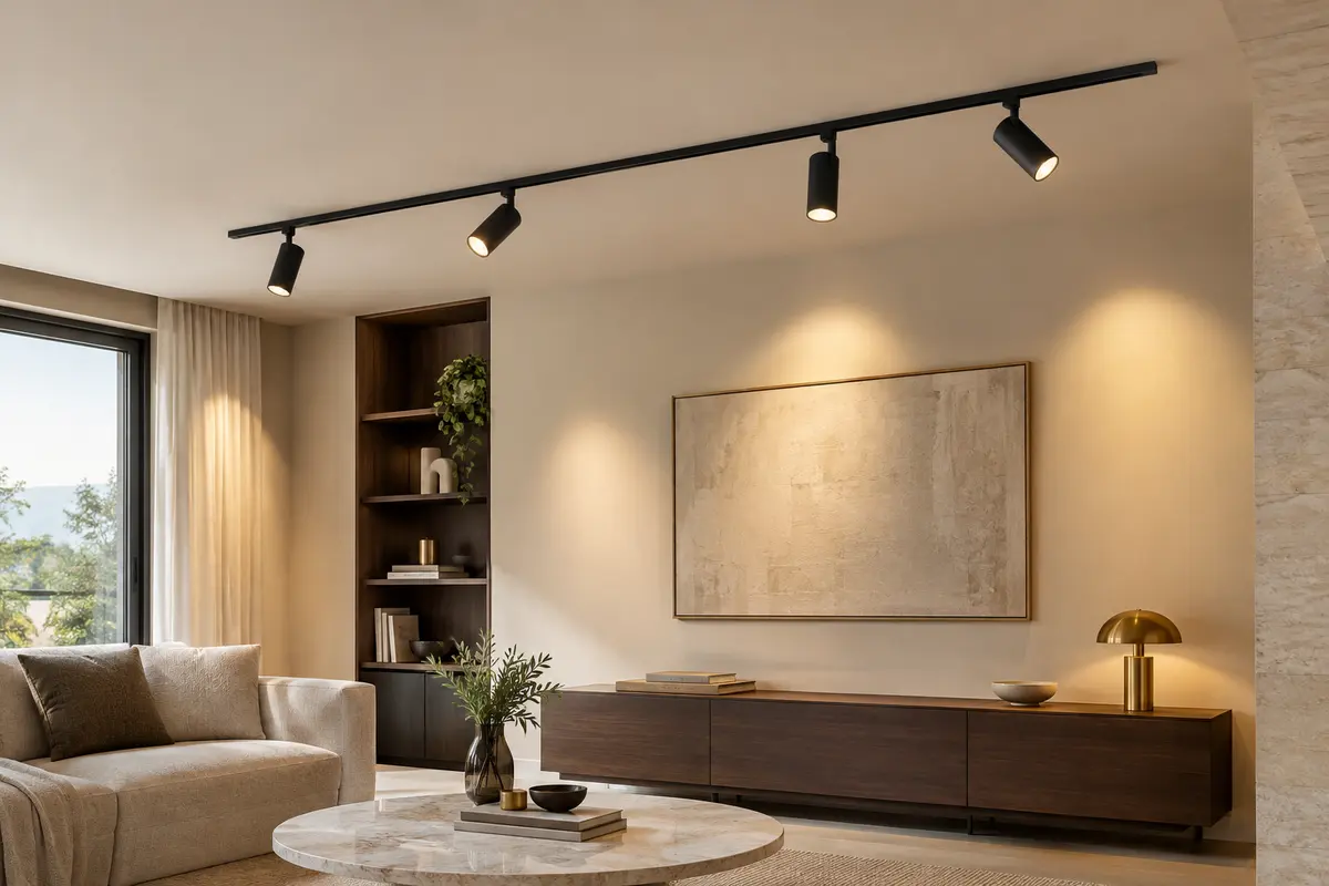 Rail de plafond noir avec quatre spots GU10 orientables dans un intérieur aux murs ivoire.