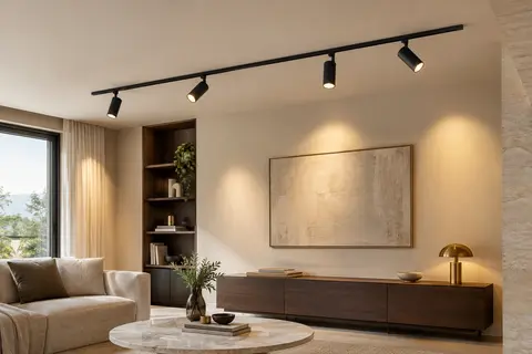 Rail de plafond noir avec quatre spots GU10 orientables dans un intérieur aux murs ivoire.
