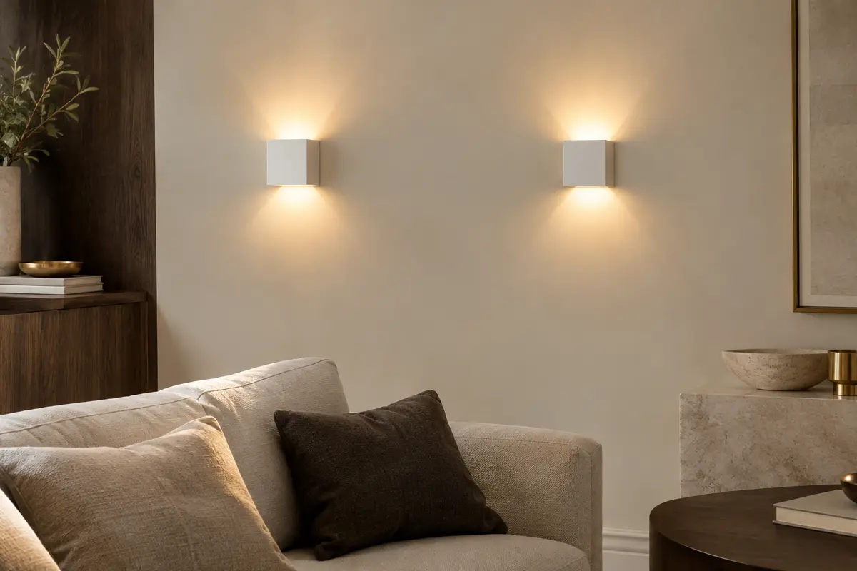Deux appliques murales carrées en aluminium blanc diffusant une lumière chaude vers le haut et le bas