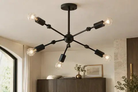 Lustre Sputnik noir en métal à six bras réglables, installé au plafond dans un intérieur clair.