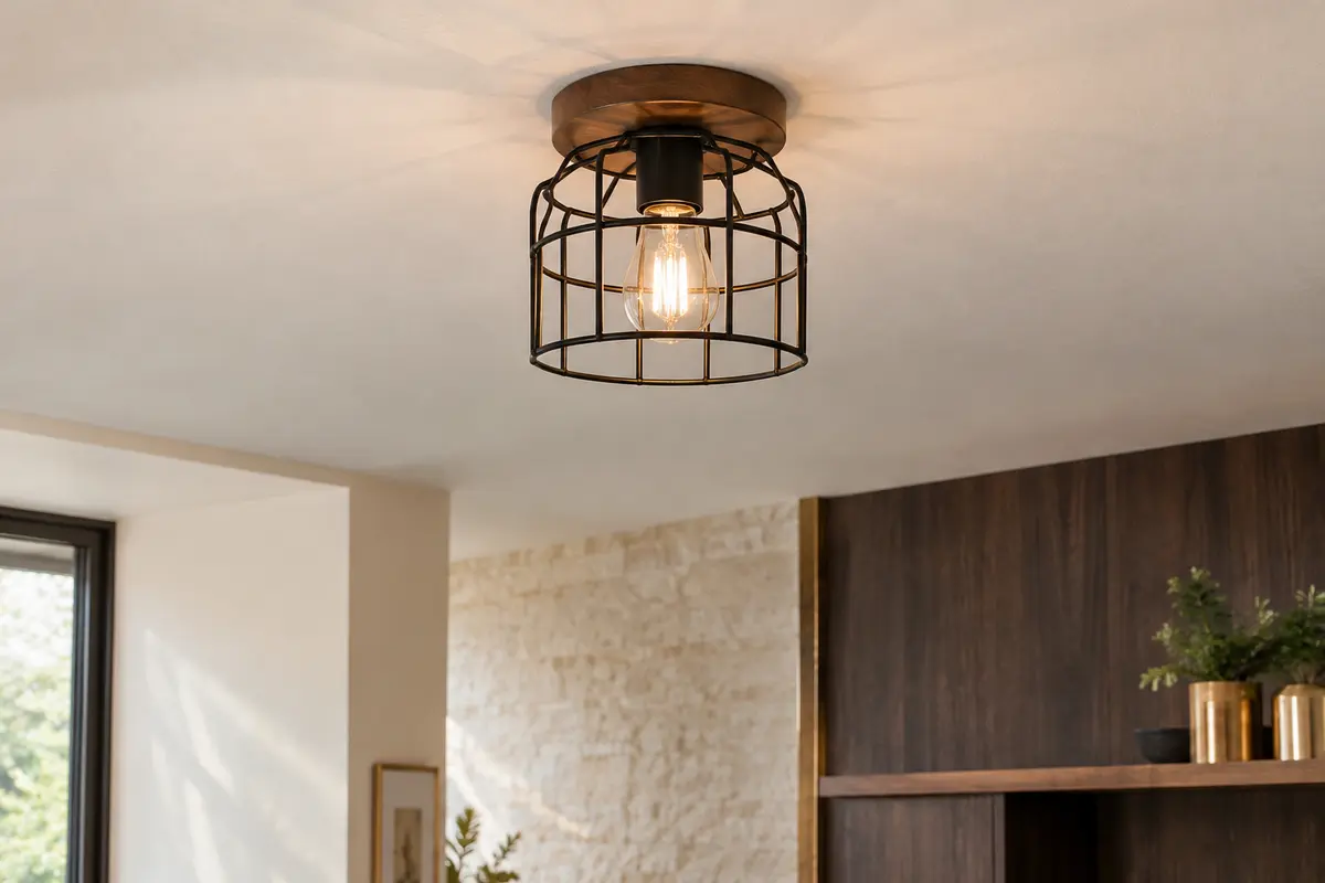 Plafonnier Comely à cage métallique noire et base en bois installé dans une pièce claire.