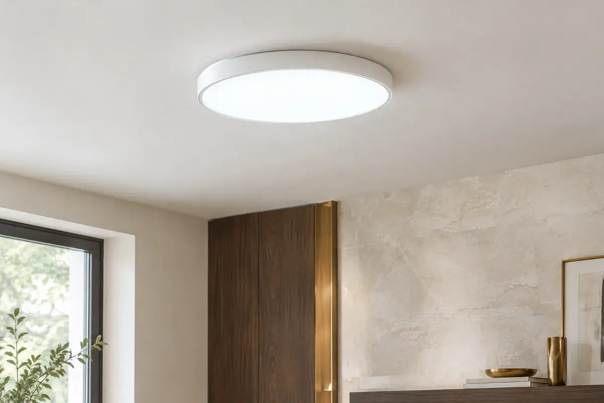 Plafonnier LED rond blanc au profil compact, installé au plafond d’un intérieur aux tons ivoire et bois.