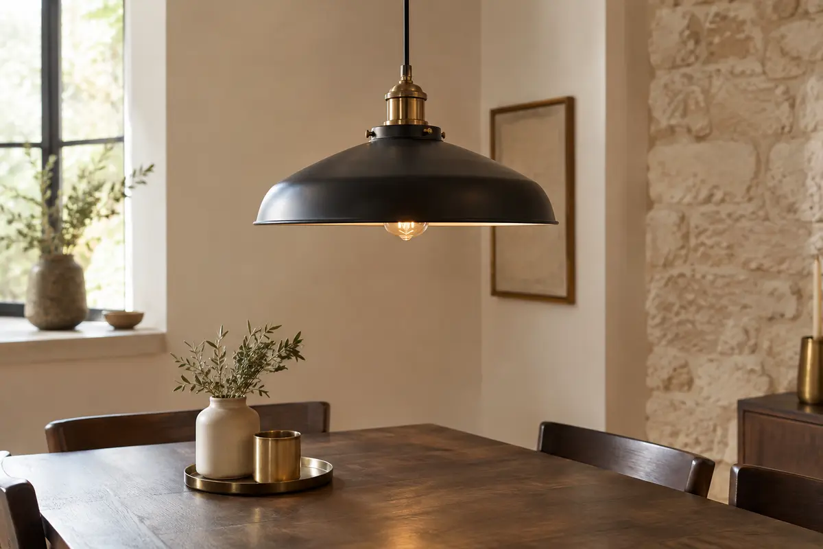 Suspension industrielle en fer peint installée au-dessus d’une table dans un intérieur clair.