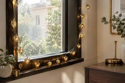 Guirlande intérieure de cœurs dorés en métal, éclairés d’une lumière blanc chaud près d’une fenêtre