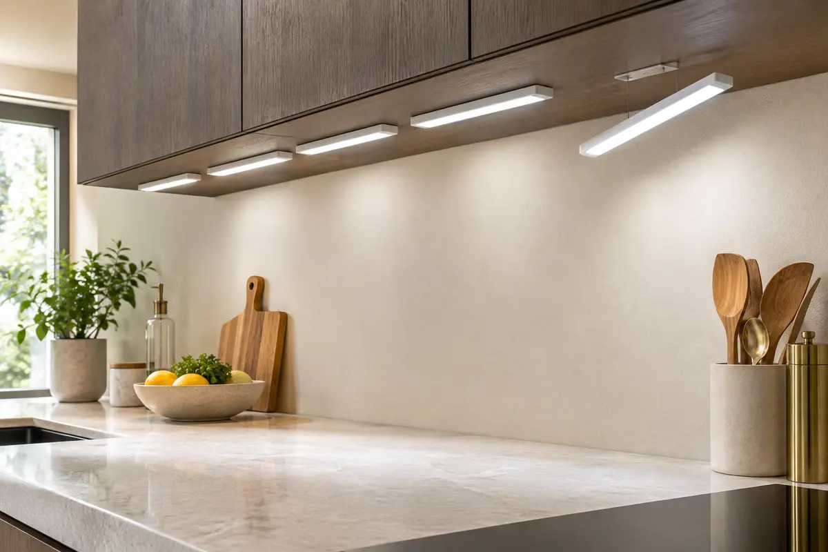 Cinq réglettes LED blanches fixées sous un meuble, éclairant un plan de travail d’une lumière froide.