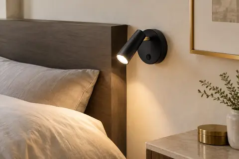 Applique liseuse noire en aluminium, spot cylindrique orientable et interrupteur sur la base ronde.