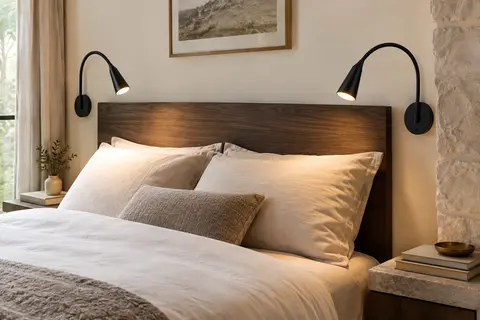 Deux liseuses murales noires à col flexible orientées près d’un lit en bois, avec une lumière blanc chaud.