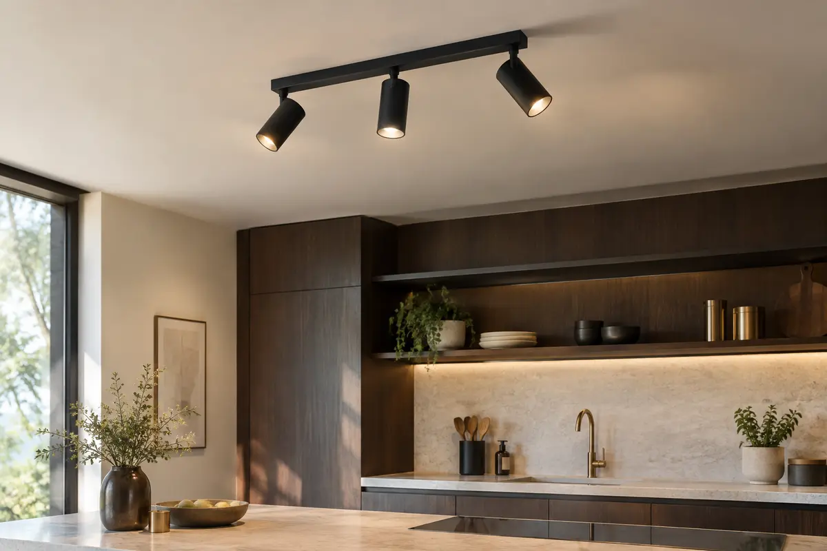 Plafonnier métallique à trois spots orientables installé au plafond d’une cuisine contemporaine