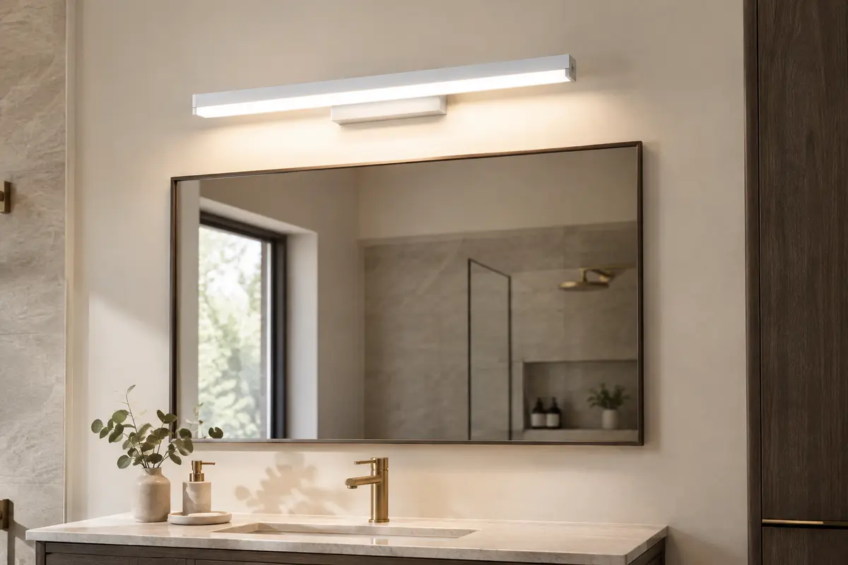 Applique blanche de 40 cm au-dessus d’un miroir de salle de bain, avec interrupteur intégré