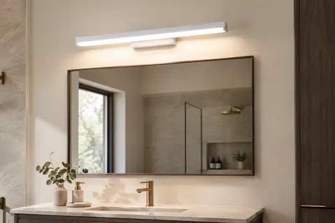 Applique blanche de 40 cm au-dessus d’un miroir de salle de bain, avec interrupteur intégré