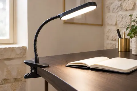 Lampe de bureau LED noire et blanche à pince fixée au bord d’un bureau en bois