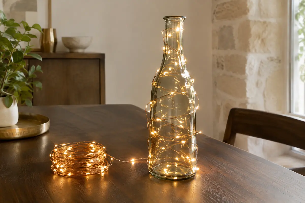 Guirlande LED blanc chaud à fil de cuivre enroulée autour d’une bouteille en verre