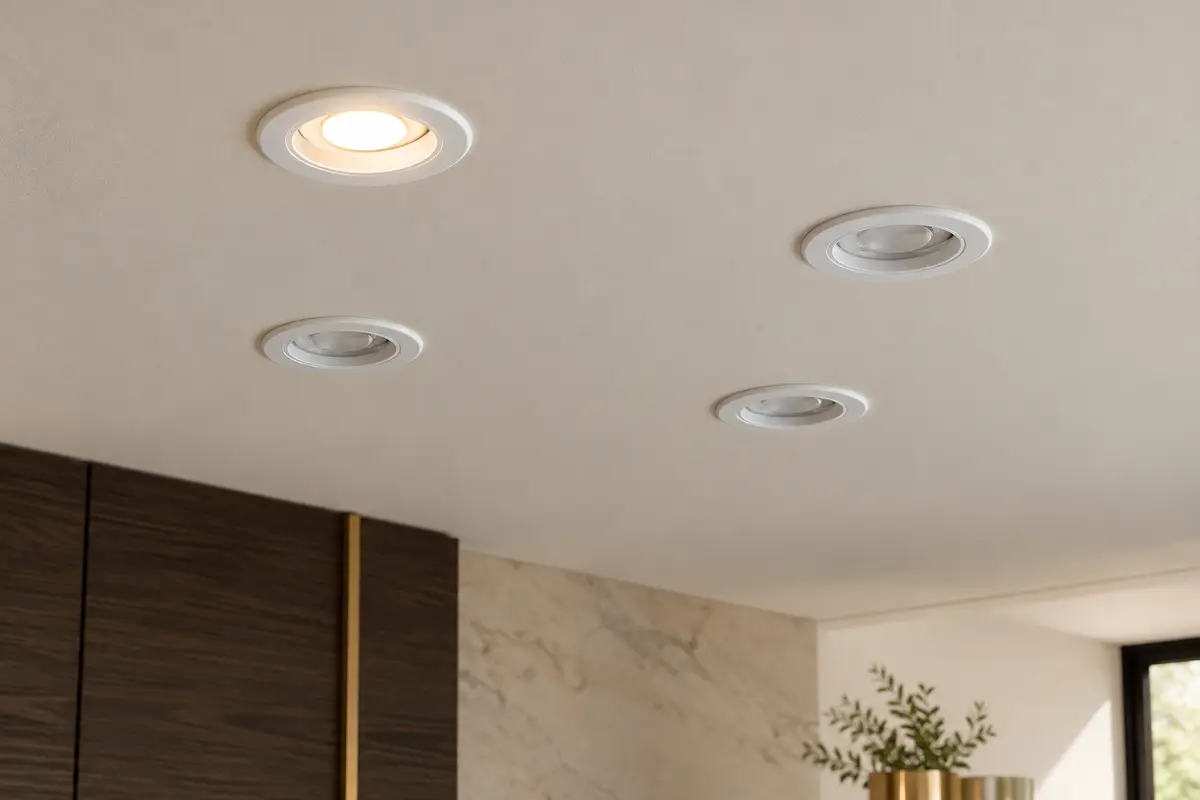 Quatre spots LED encastrables blancs au plafond, avec l’un d’eux allumé en lumière blanc chaud.