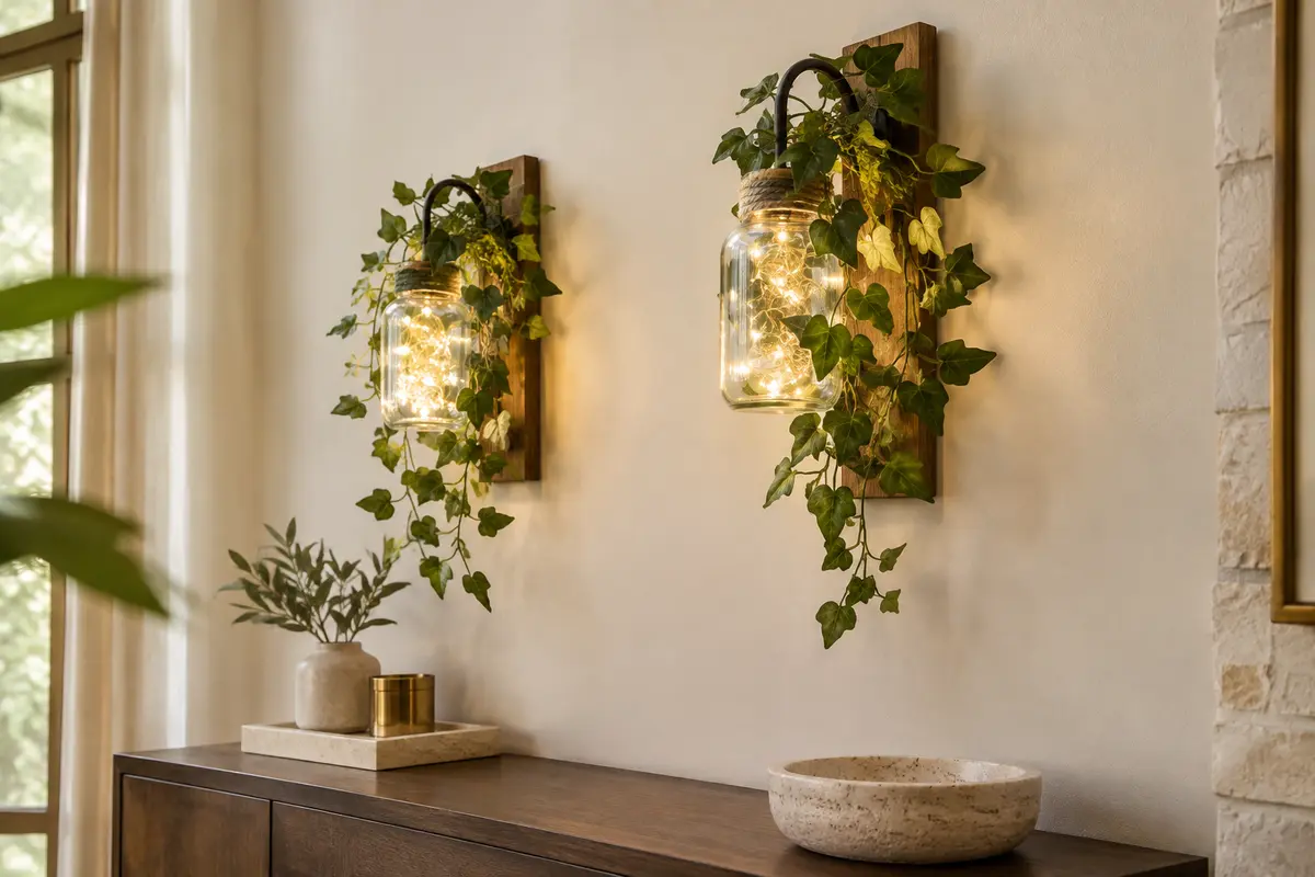 Deux appliques murales en bocaux de verre avec feuillage vert et guirlandes LED blanc chaud