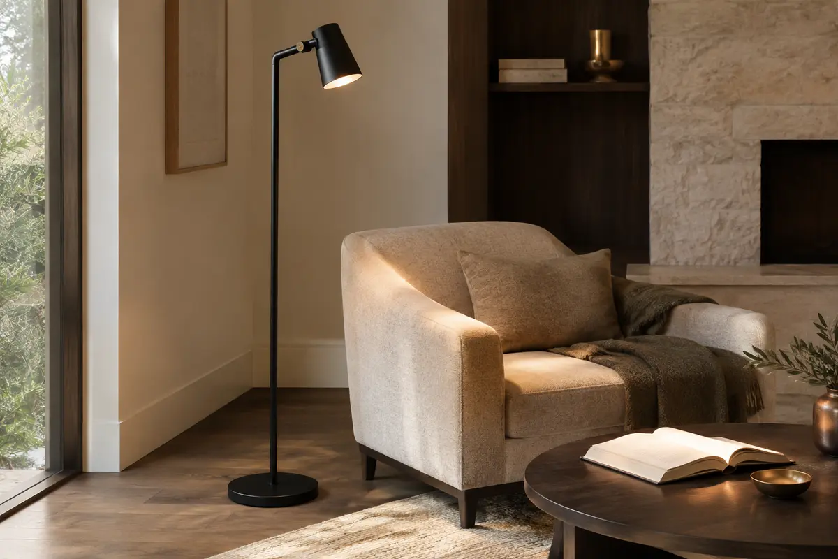 Lampadaire en métal noir à tête orientable, éclairant un coin lecture dans un intérieur calme.