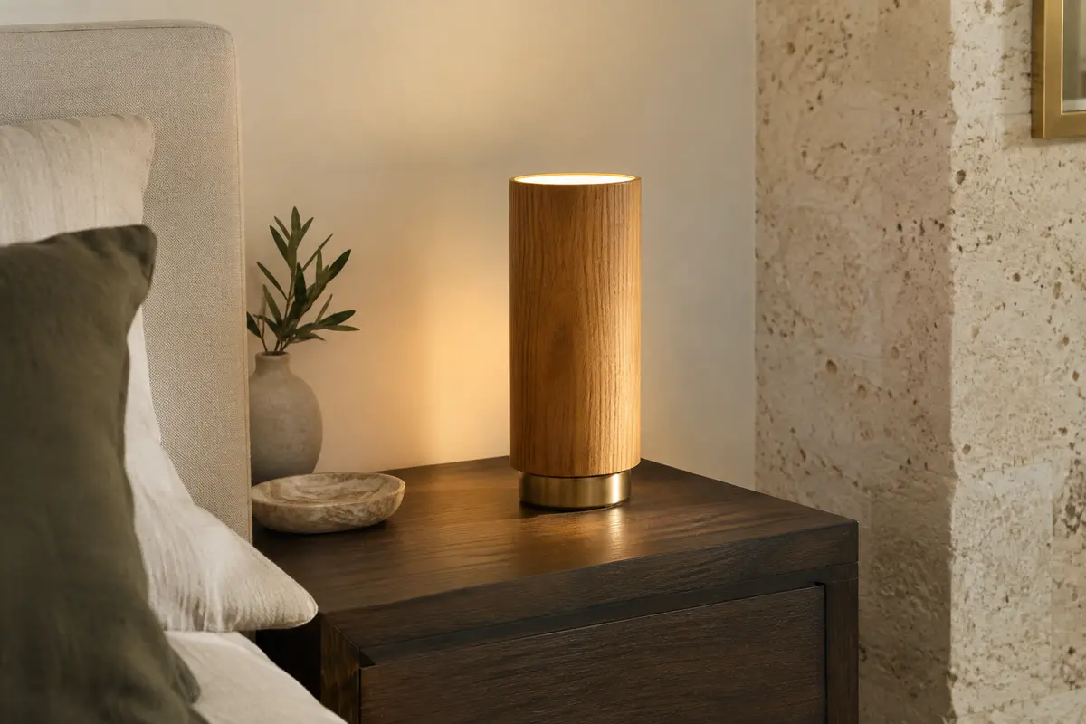 Lampe de chevet cylindrique en bois avec base en métal, posée sur une table près d’un mur ivoire.