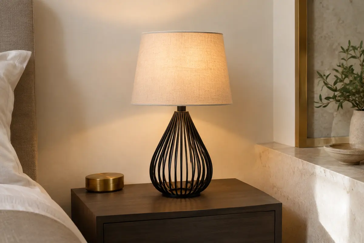 Lampe de table Edishine avec abat-jour beige en lin et base noire ajourée, posée sur une table de chevet.