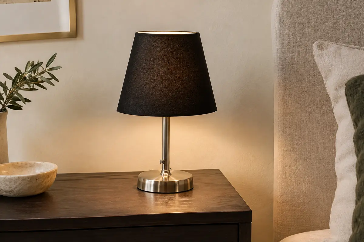 Lampe de table Eglo Newtown en acier argenté et tissu noir, posée sur une table de chevet en bois.