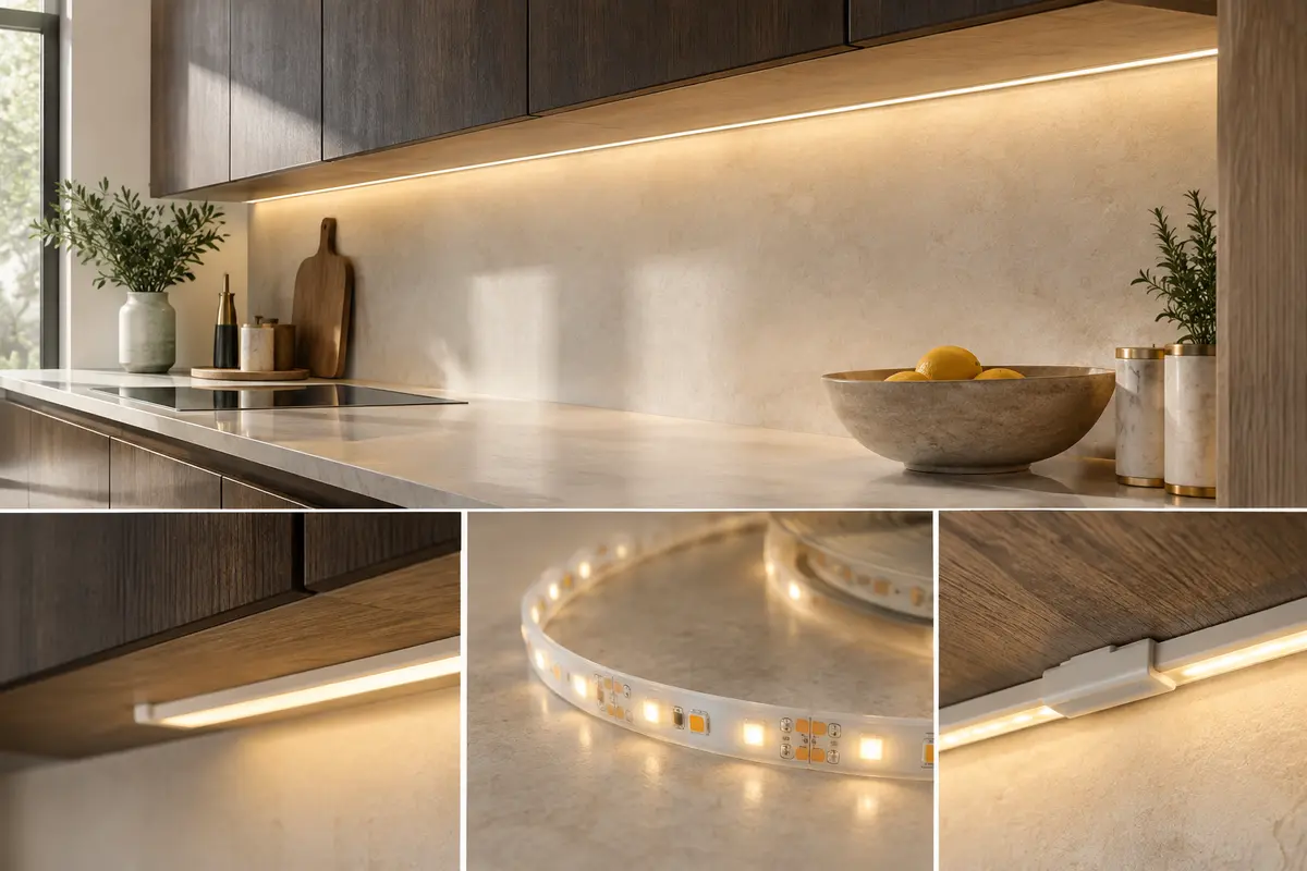 Ruban LED blanc chaud installé sous un meuble en bois fumé, éclairant un plan de travail en pierre claire.