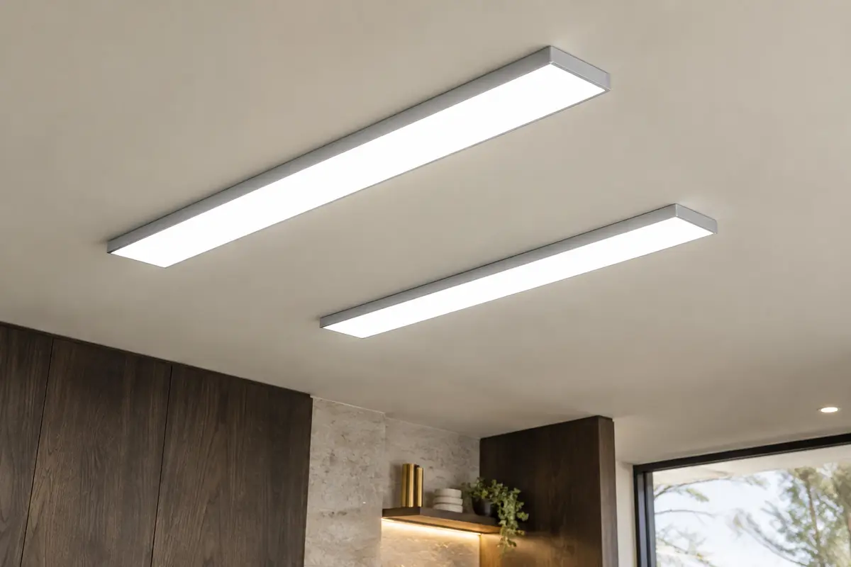 Deux dalles LED fines de 120 × 30 cm diffusent une lumière blanc froid dans un intérieur clair.
