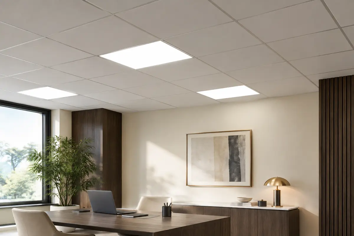 Dalle LED carrée à diffuseur blanc et cadre en aluminium, intégrée dans un faux plafond de bureau.