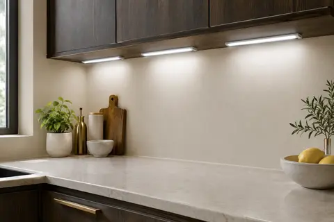 Trois réglettes LED fines sous un meuble de cuisine éclairent un plan de travail en pierre claire.