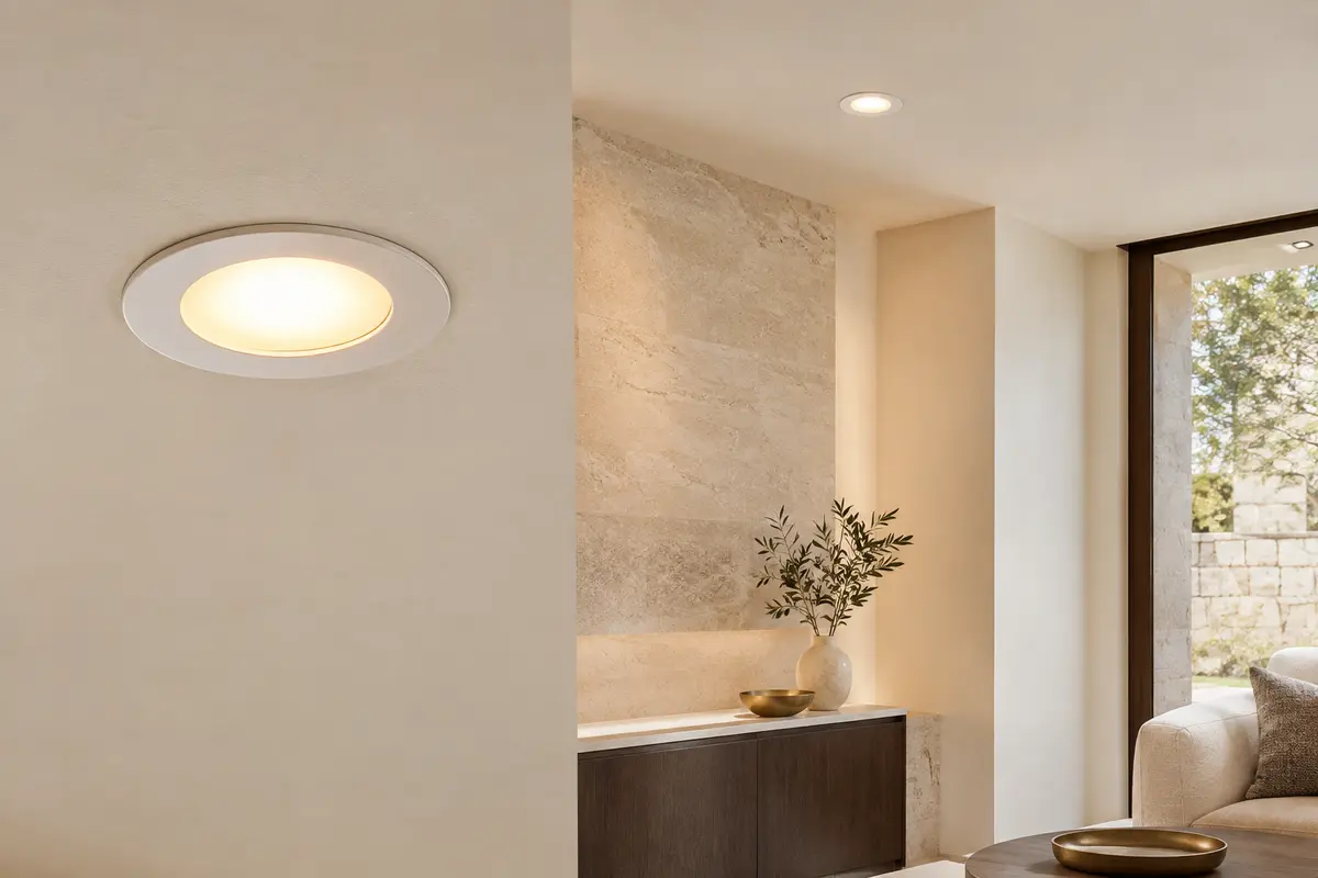 Spot LED rond encastré dans un plafond clair, diffusant une lumière douce dans une pièce intérieure.