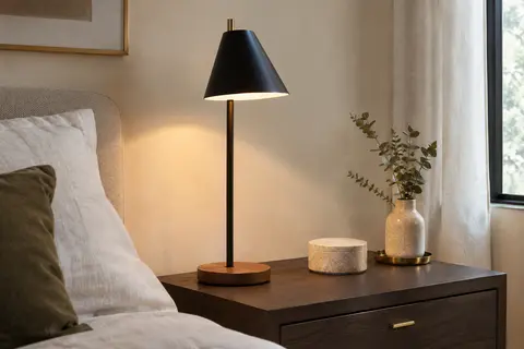 Lampe de table rétro en métal noir et bois posée sur une table de chevet dans une chambre