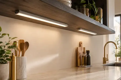 Deux réglettes LED argentées fixées sous une étagère éclairent un plan de travail en pierre claire.