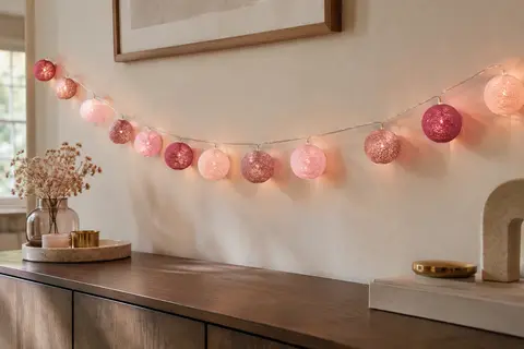 Guirlande lumineuse de 16 boules roses en coton tressé, allumée sur un mur ivoire.