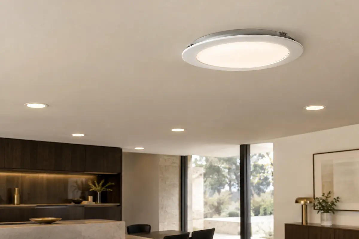 Spots LED encastrables extra-plats installés dans un plafond ivoire, avec un modèle visible en gros plan.