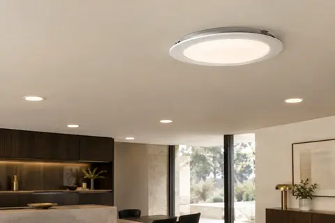 Spots LED encastrables extra-plats installés dans un plafond ivoire, avec un modèle visible en gros plan.