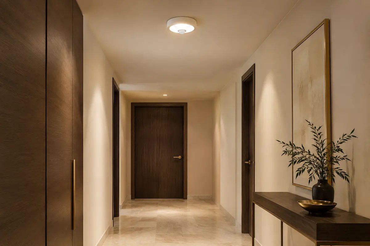 Downlight encastrable blanc avec détecteur PIR intégré, éclairant un couloir intérieur en lumière blanc chaud.