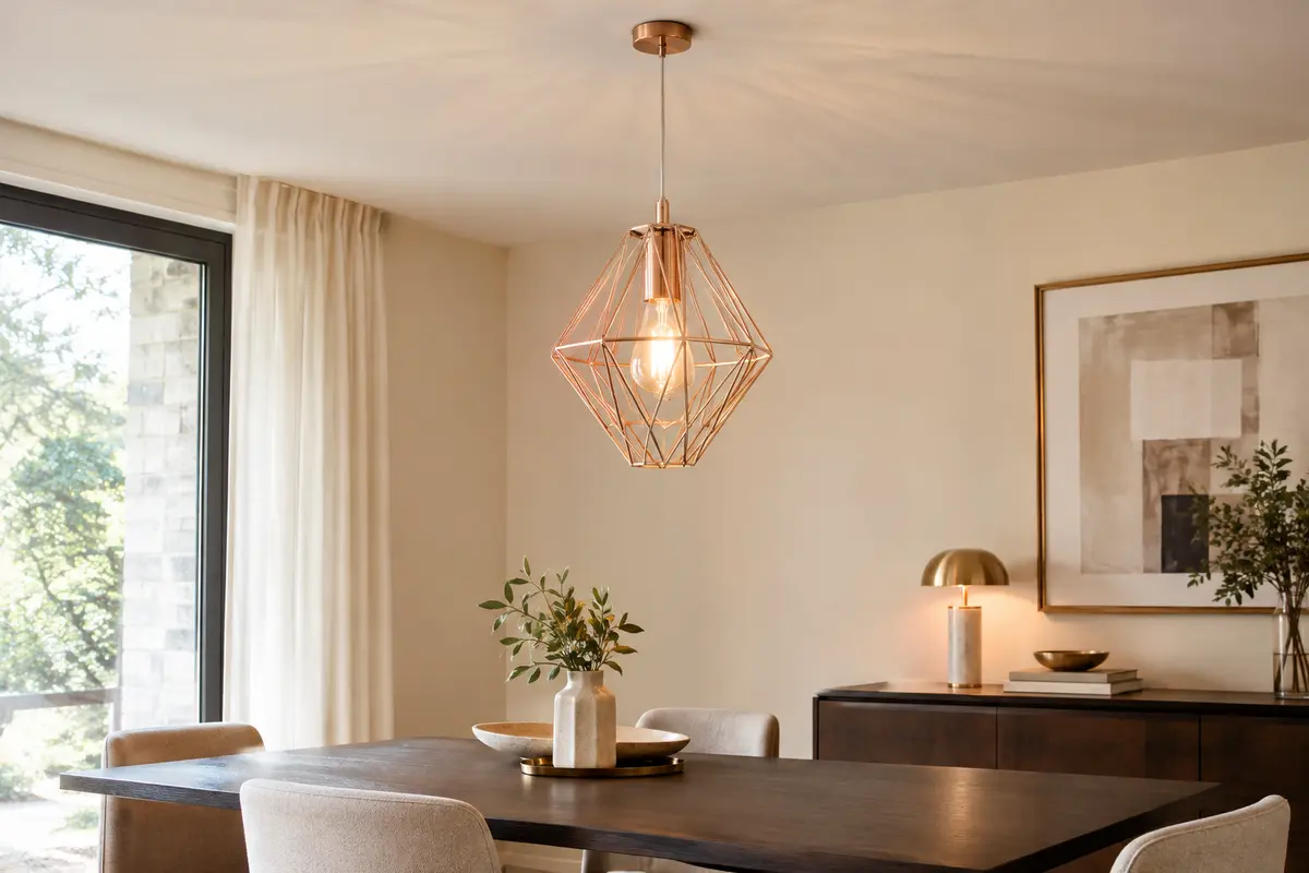 Suspension iDEGU à cage diamant en métal, éclairée au-dessus d’une table en bois dans un intérieur clair.