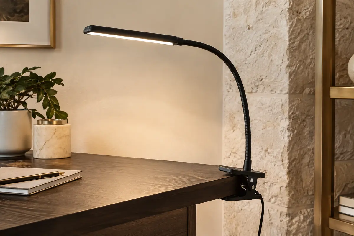 Lampe de bureau noire à pince et bras flexible, fixée au bord d’un bureau en bois