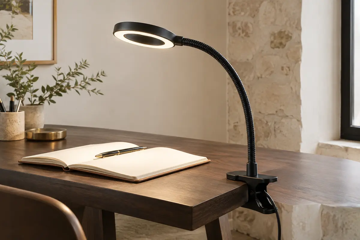 Lampe de bureau noire à pince fixée sur un bureau en bois, col flexible orienté vers un carnet ouvert.