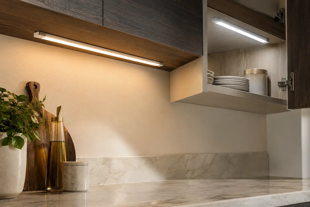 Deux réglettes LED en aluminium éclairent un meuble de cuisine et un placard dans un intérieur clair.