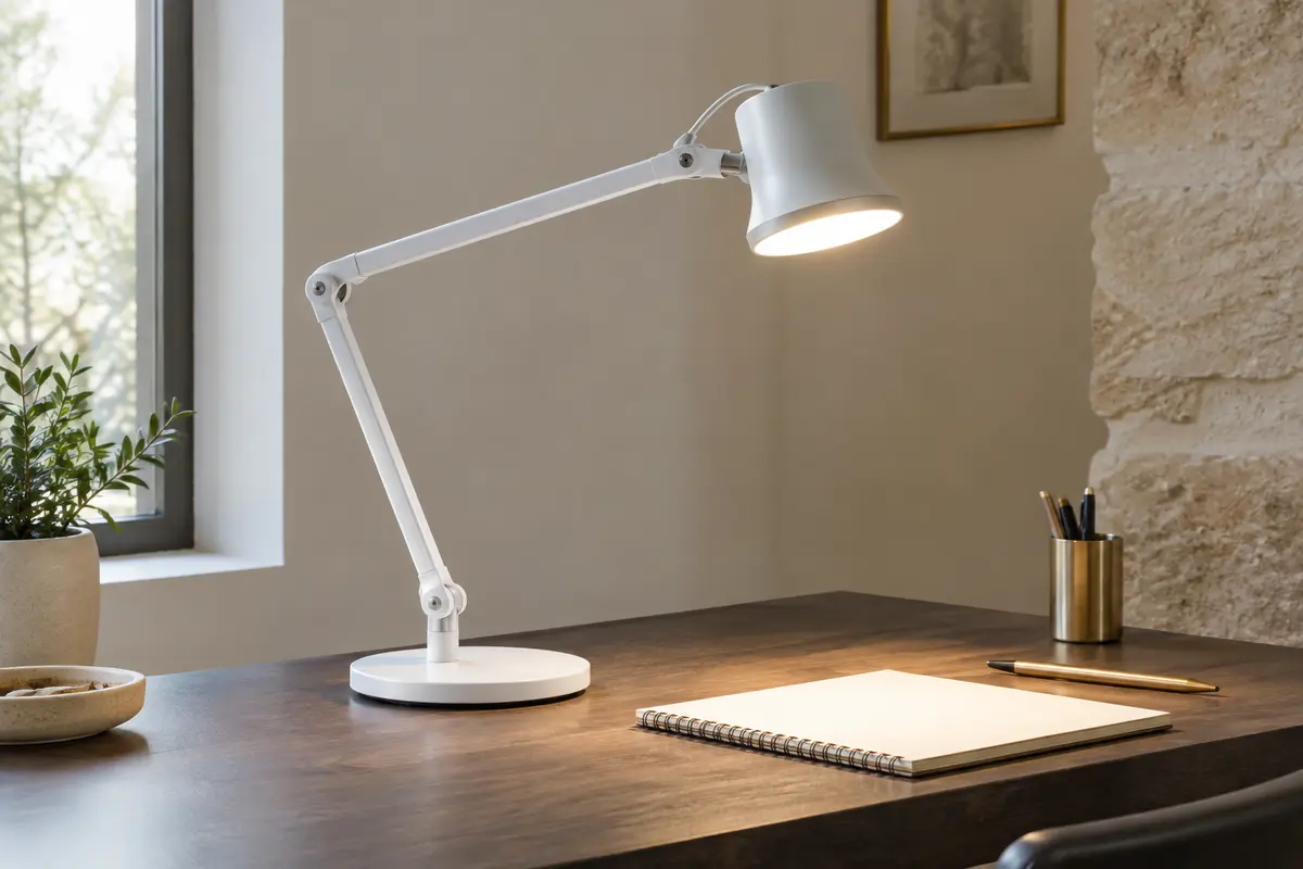 Lampe de bureau LED blanche à bras articulé, éclairant un carnet posé sur un bureau en bois.