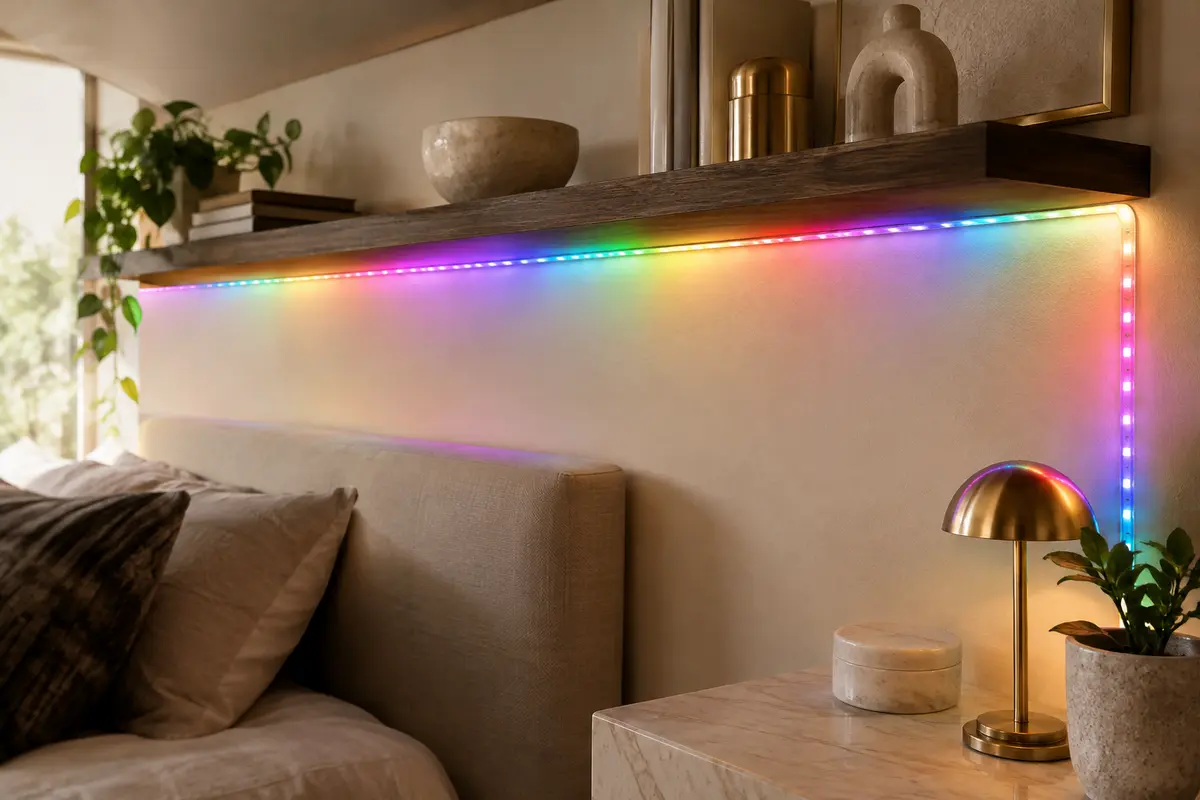 Ruban LED multicolore posé le long d’un mur ivoire et d’une étagère en bois fumé