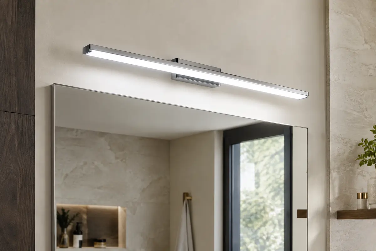 Applique LED chromée de 60 cm éclairant un miroir de salle de bains avec une lumière blanche froide.