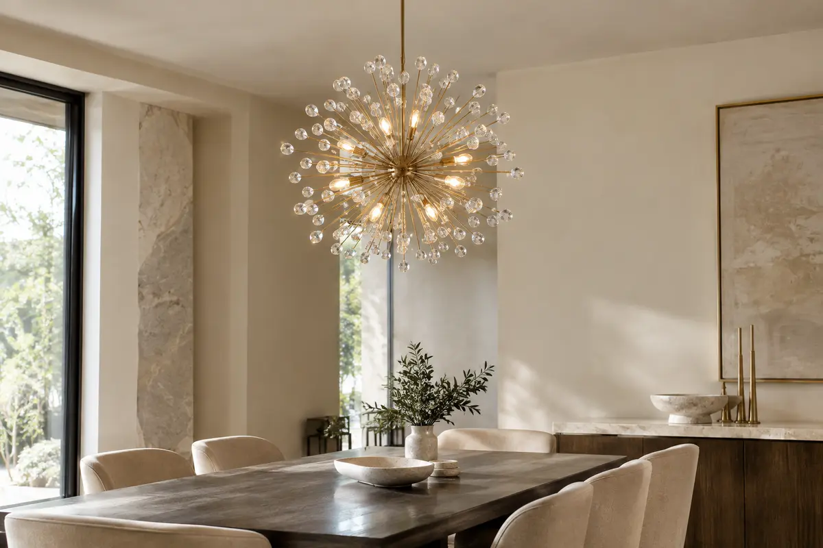 Lustre Dandelion doré à branches ramifiées et cristaux K9, suspendu au-dessus d’une table en bois.