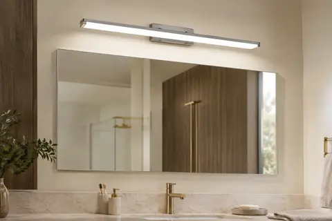 Applique murale chromée de 60 cm au-dessus d’un miroir, avec diffuseur blanc et lumière neutre